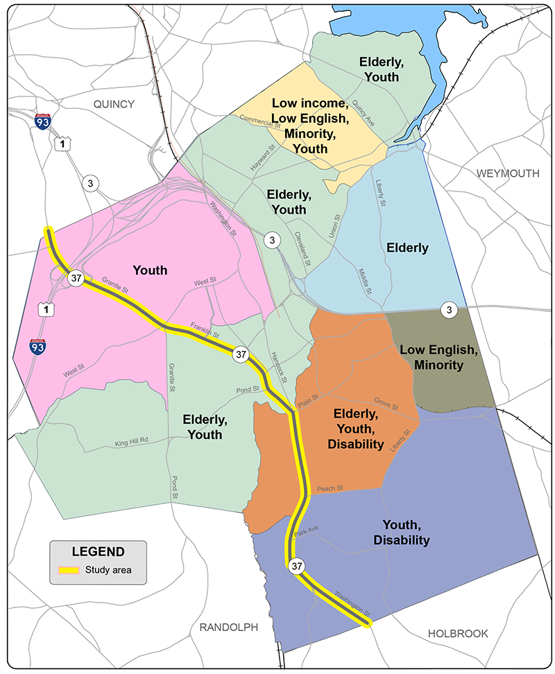 Figure 3 is a map of the corridor showing the transportation equity populations.